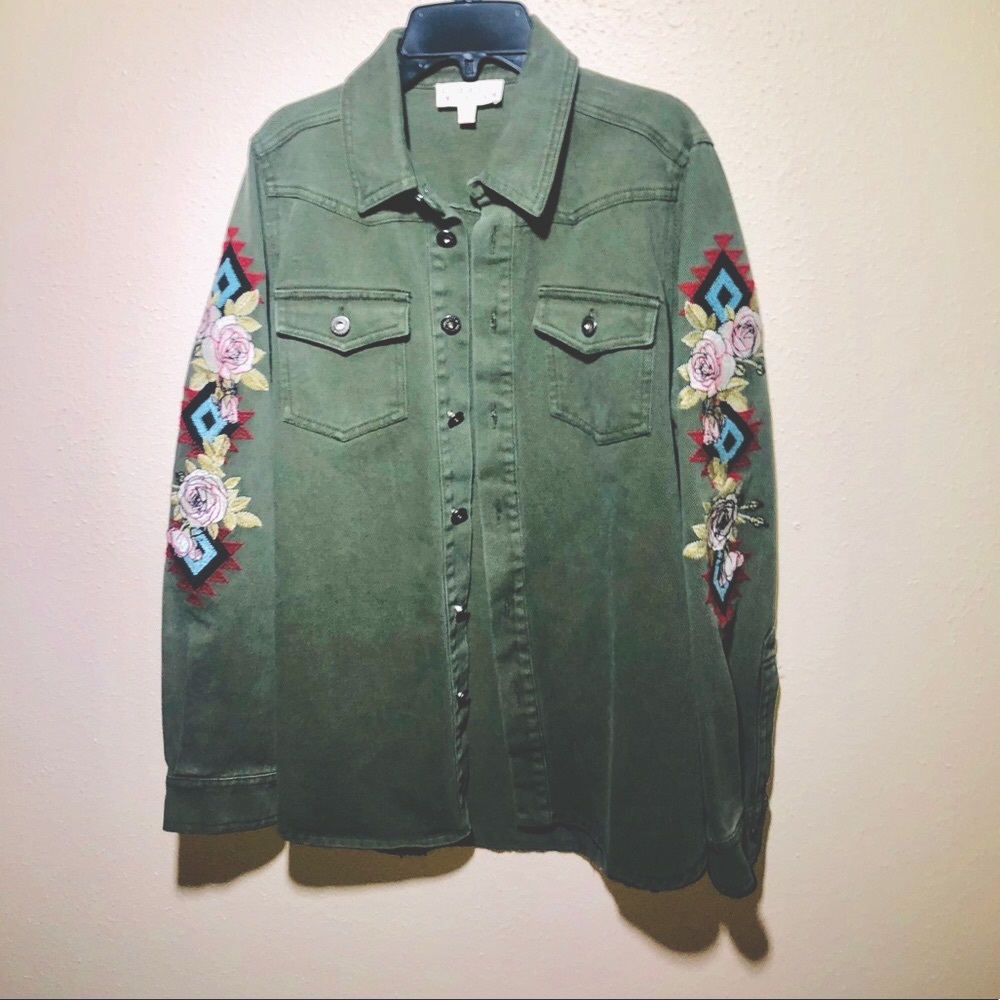 Berry n Cream Green Floral Denim Jacket Sz Small